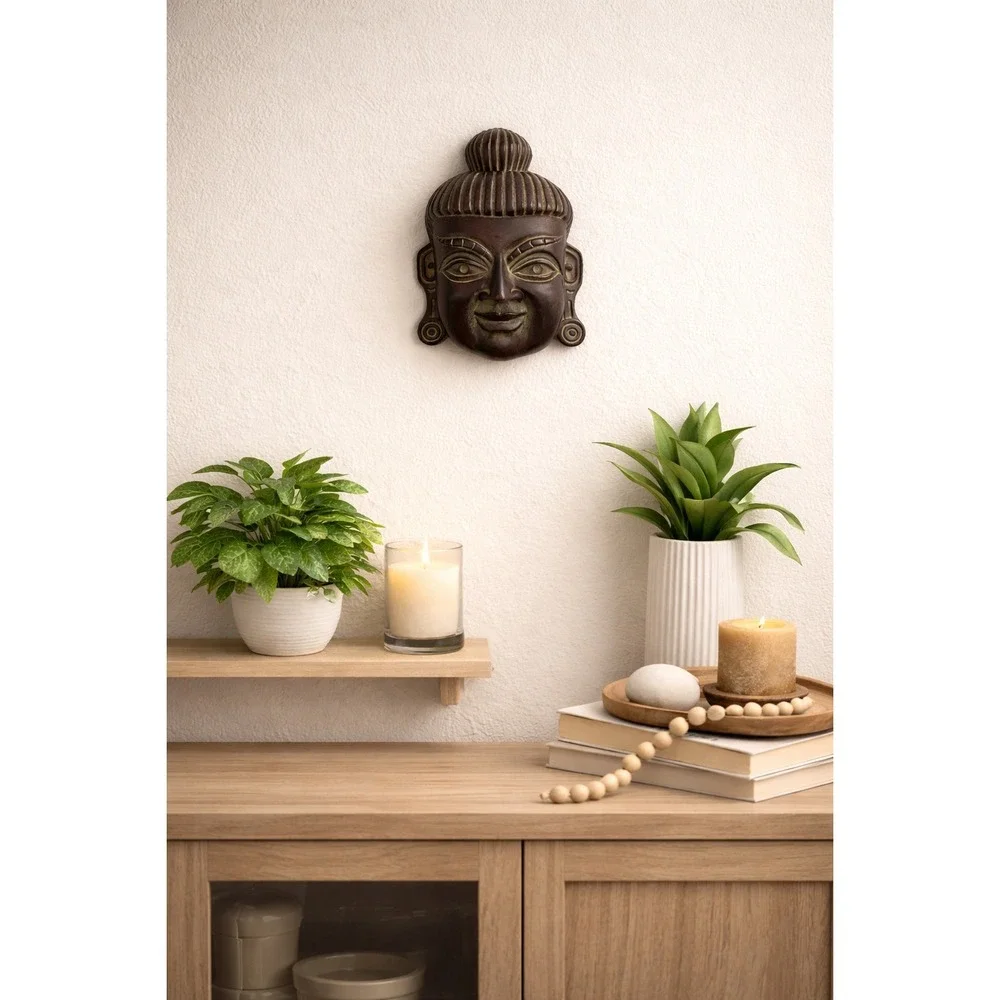 Buddha Wall Mask Resin Red‎ Finish Zen Meditation Asian Wall Decor Boho Spa Art